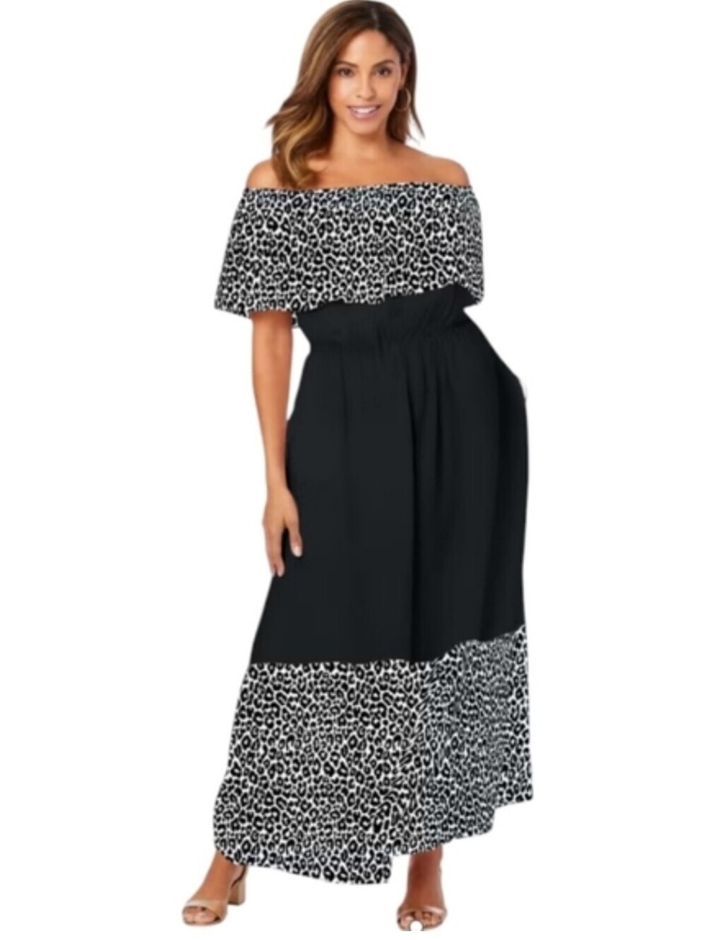 Jessica London Off The Shoulder Maxi Cheetah Print Ruffle Neckline Plus Size